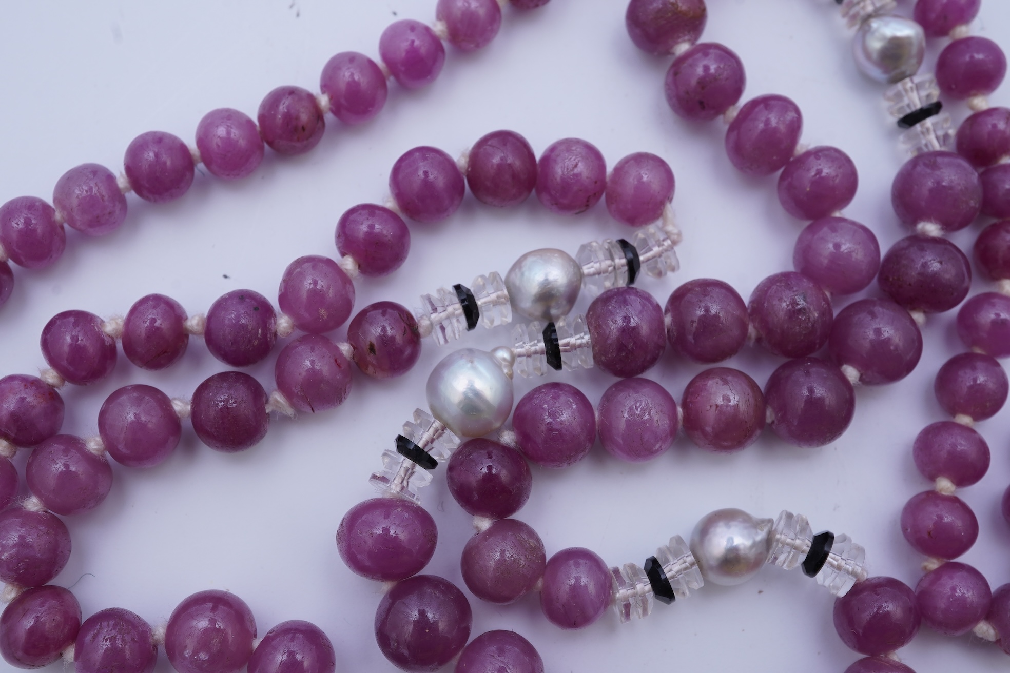 A ruby bead, onyx, rock crystal and pearl necklace